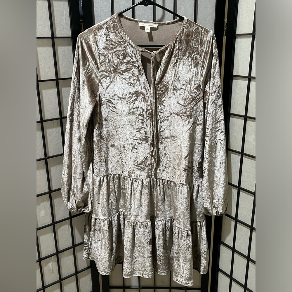GRADE & GATHER CHAMPAGNE Crushed Velvet Tiered BABYDOLL Tunic Dress SIZE S